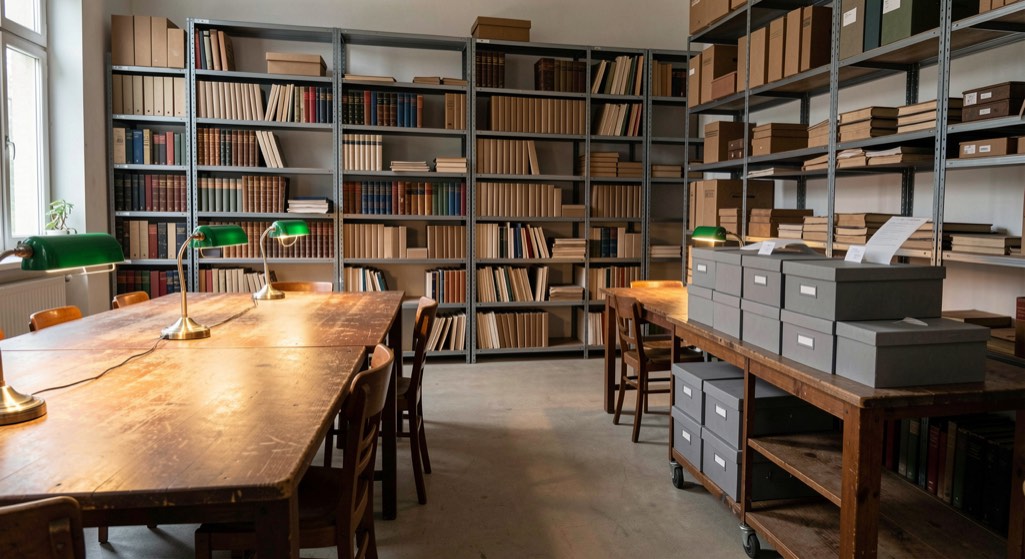 A quiet archive reading room with long tables, document boxes and a wall of shelving