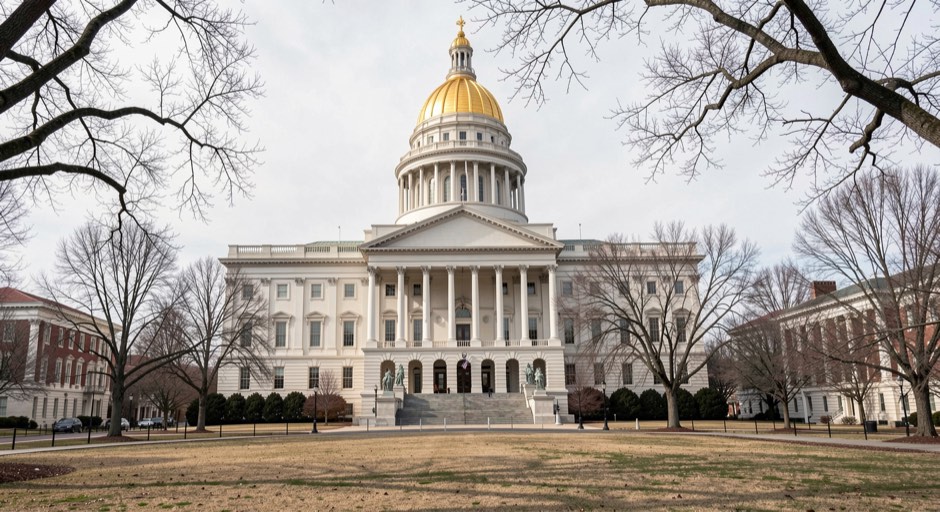 The gold dome of a state capitol building seen above bare winter trees at midday