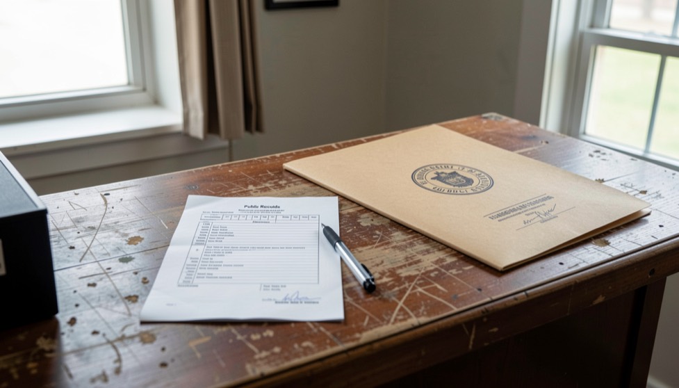 A public records counter with a request form, a stamped folder and a pen on a wooden desk