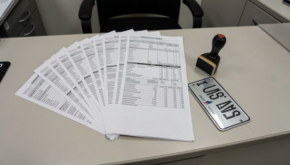 Blank tax forms fanned out on a counter next to a licence plate and a rubber stamp