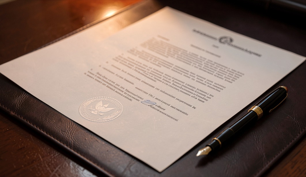 A signed official document with an embossed seal resting on a leather desk blotter beside a fountain pen